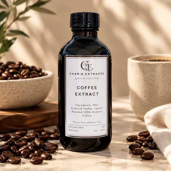 Charis Extracts Coffee Extract bottle surrounded by roasted coffee beans